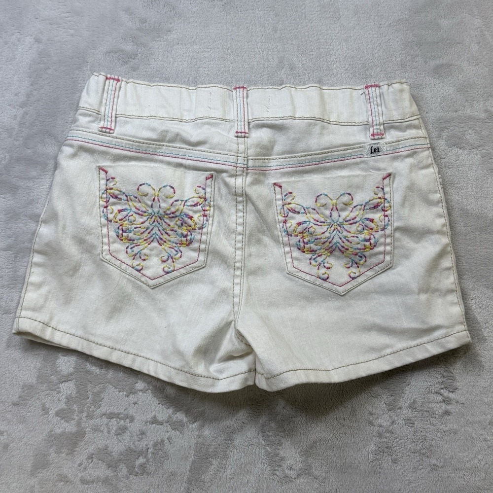 Y2K LEI Girls 10 White Denim Jean Shorts Low Rise Pink Stitch 2000s
